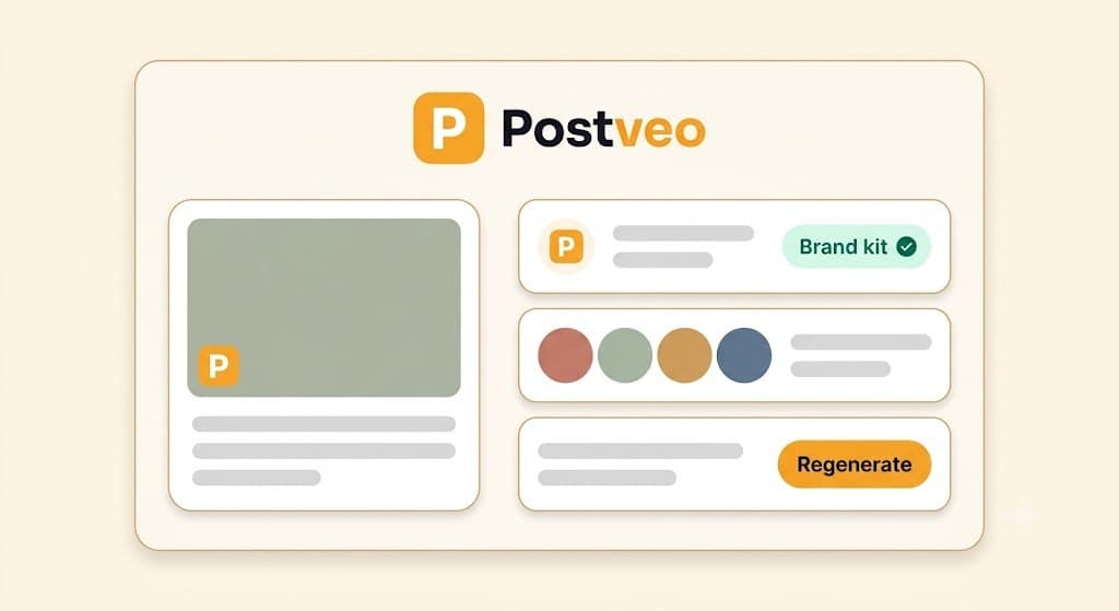 The Postveo Studio for a demo brand: a post preview beside the brand kit panel, showing the logo, colour swatches and a regenerate action