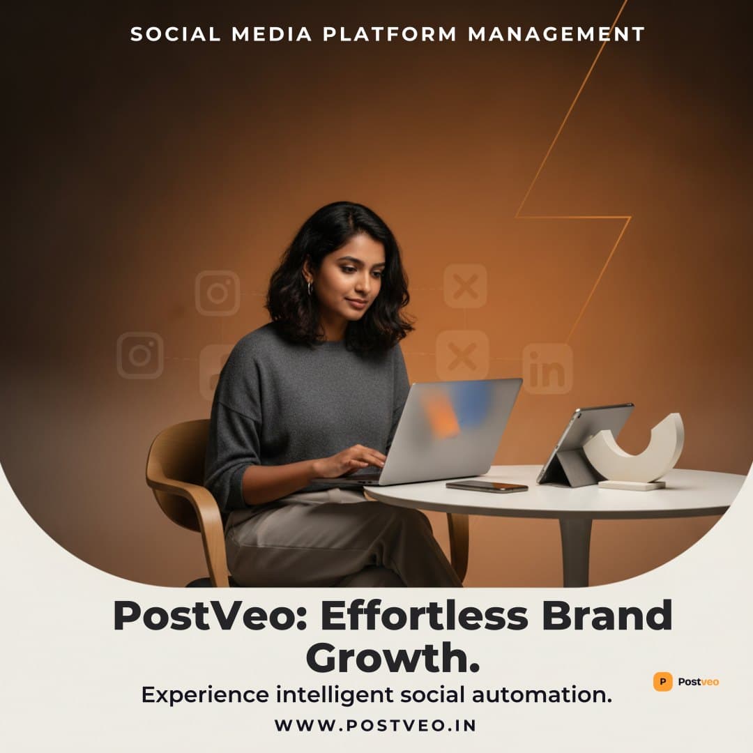 A finished square poster for a social media management offer — headline, supporting line, website and logo already placed, with the brand colours applied